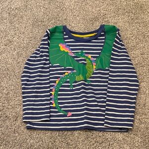 Mini Boden Dragon Appliqué Top Blue and White Striped Long Sleeve Tshirt 4-5Y
